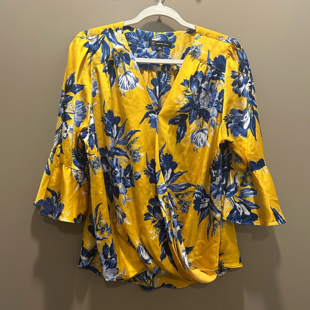 INC Floral Wrap Blouse with Bell Sleeves